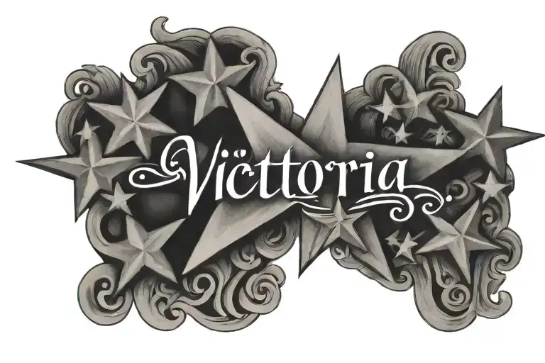Victoria name with 5 small stars and 1 Big star tattoo design idea