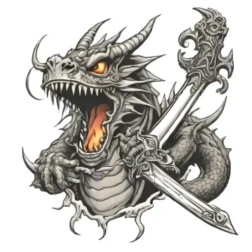 dragon holding sword in mouth with flames  tattoo design idea