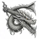 dragon holding sword in mouth with flames  tattoo design idea