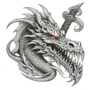 dragon holding sword in mouth with flames  tattoo design idea