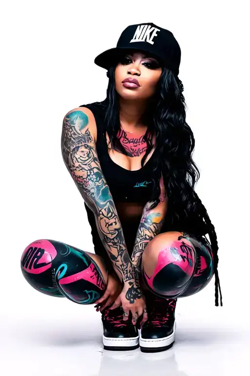 A very sexy girl with big round silicone tits, dressed in hip-hop, compton, geto, lowrider cars, graffiti, nike air jord tattoo design idea