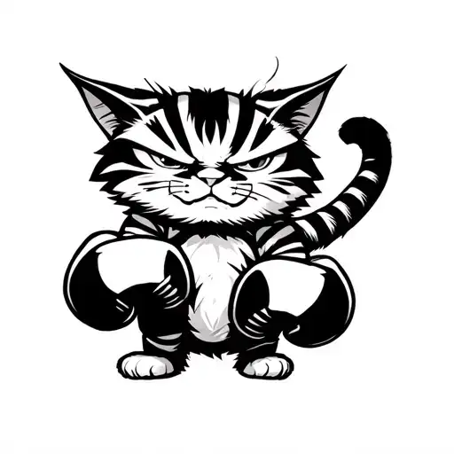 angry cat with stripes in boxing gloves, standing tall tattoo design idea