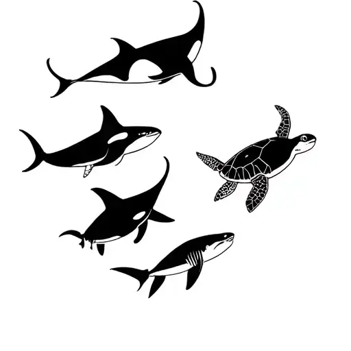 a manta ray, a sea turtle, an orca, and a shark swimming tattoo design idea