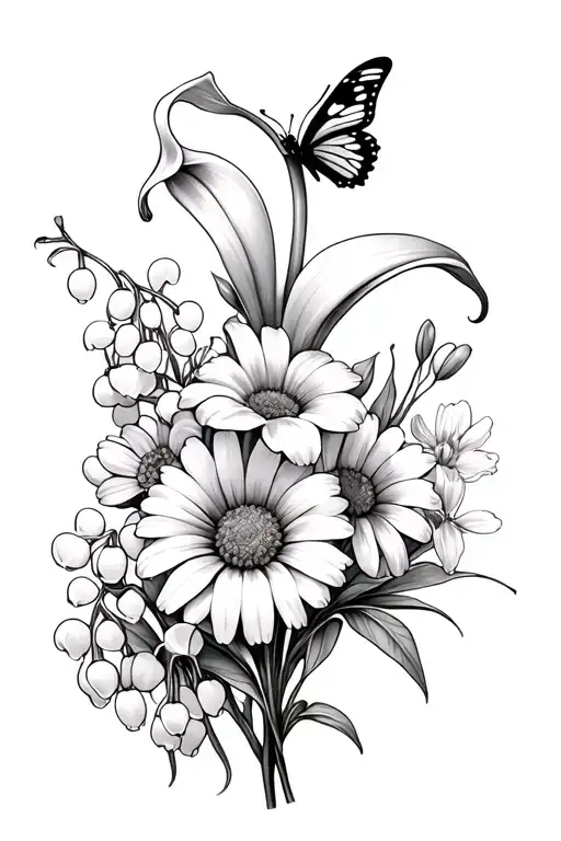 bouquet of 6 flowers, specifically a calla lily, lily of the valley, honeysuckle, aster, daisy, narcissus with butterfly tattoo design idea