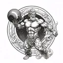 Create a detailed image of Atlas, the mythological titan, holding a swirling, powerful black hole with gravitational tattoo design idea