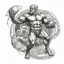 Create a detailed image of Atlas, the mythological titan, holding a swirling, powerful black hole with gravitational tattoo design idea
