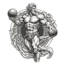 Create a detailed image of Atlas, the mythological titan, holding a swirling, powerful black hole with gravitational tattoo design idea