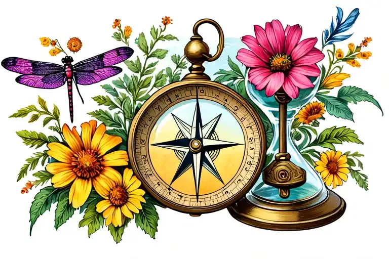 wildflower collage with a compass inside an hour glass, an ornamental cross and a dragonfly tattoo design idea