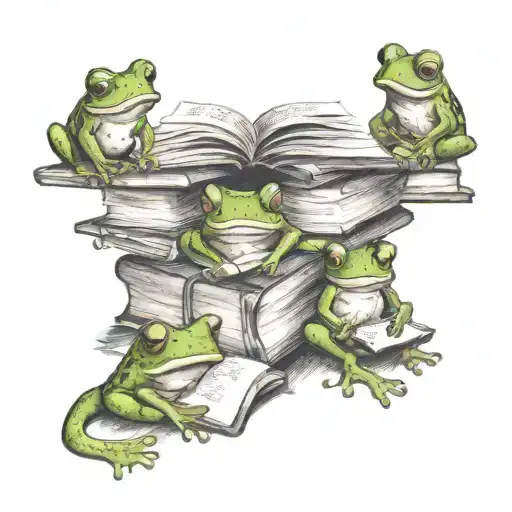 A collection of adorable frogs reading tiny books in a cozy library setting  tattoo design idea