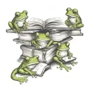 A collection of adorable frogs reading tiny books in a cozy library setting  tattoo design idea