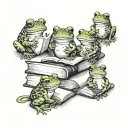 A collection of adorable frogs reading tiny books in a cozy library setting  tattoo design idea