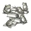 A collection of adorable frogs reading tiny books in a cozy library setting  tattoo design idea
