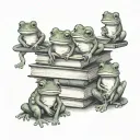 A collection of adorable frogs reading tiny books in a cozy library setting  tattoo design idea