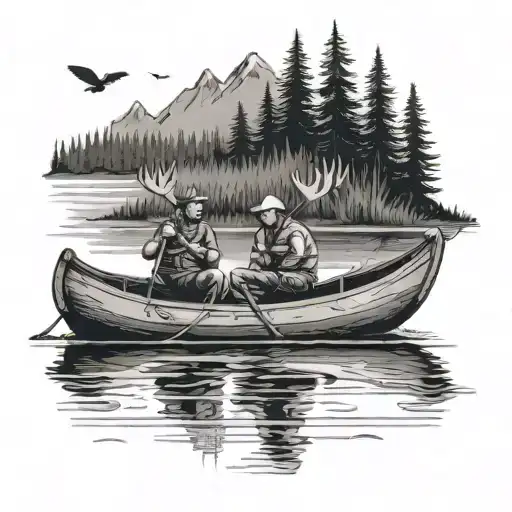 two guys fishing in a canoe with a moose next to them in the water tattoo design idea