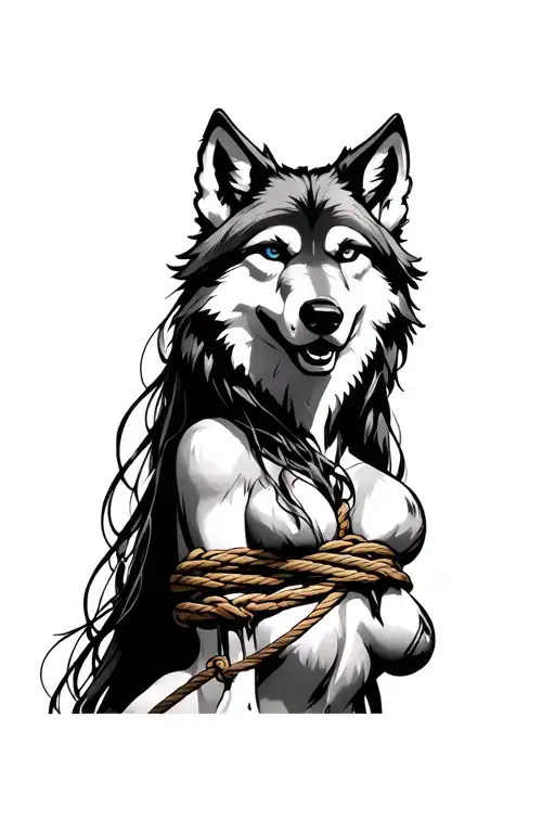 Template of a female wolf with huge breasts. Long hair. Lovely smile. Tied with ropes Shibari style. Ho tattoo design idea