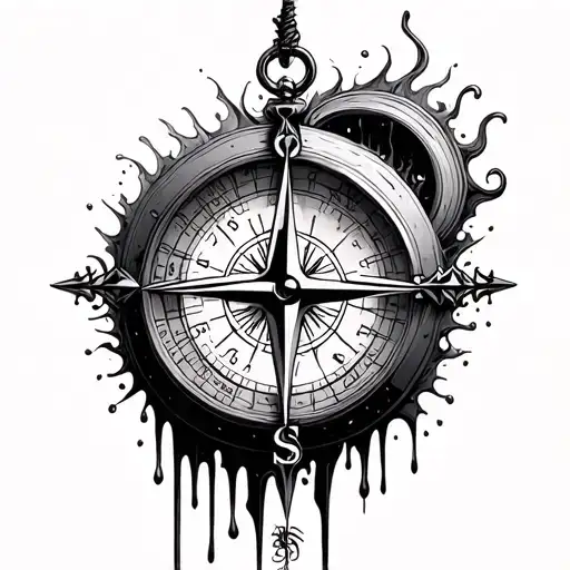 compass and clock melting tattoo design idea