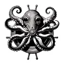 make a nautical octopus black and white realism thigh tattoo with no background and a ships steering wheel tattoo design idea