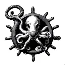 make a nautical octopus black and white realism thigh tattoo with no background and a ships steering wheel tattoo design idea