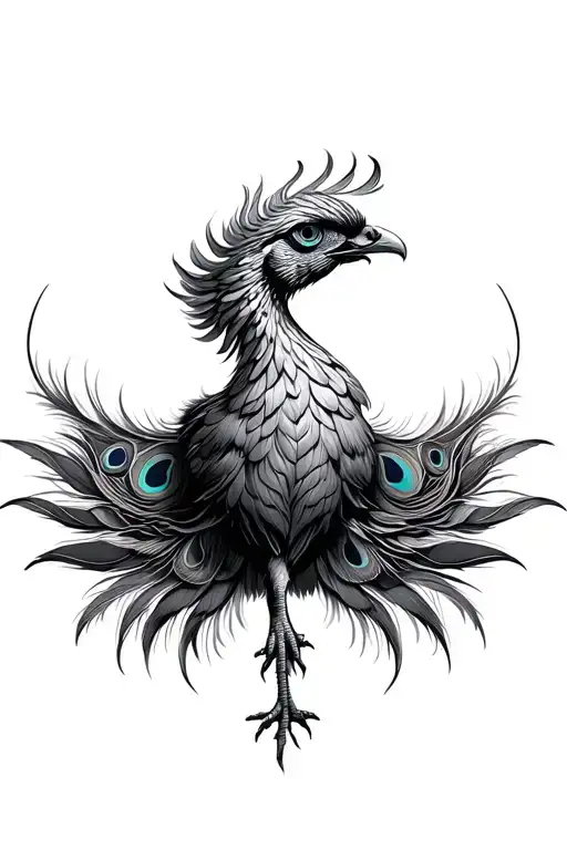 frontal view of a majestic rising phoenix with peacock feathers  tattoo design idea