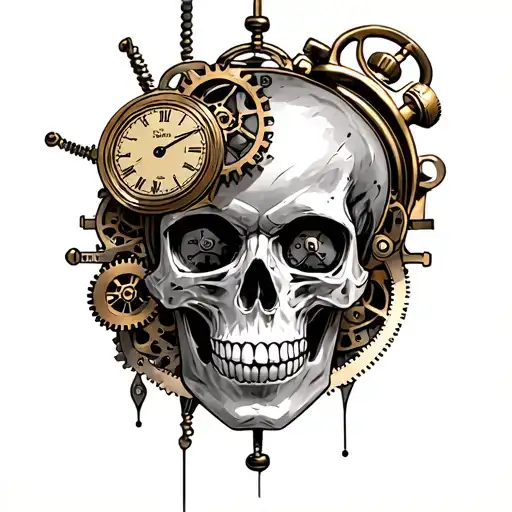 A steampunk Memento Mori tattoo design, detailed mechanical skull with exposed gears, pocket watch, bronze and black ink tattoo design idea