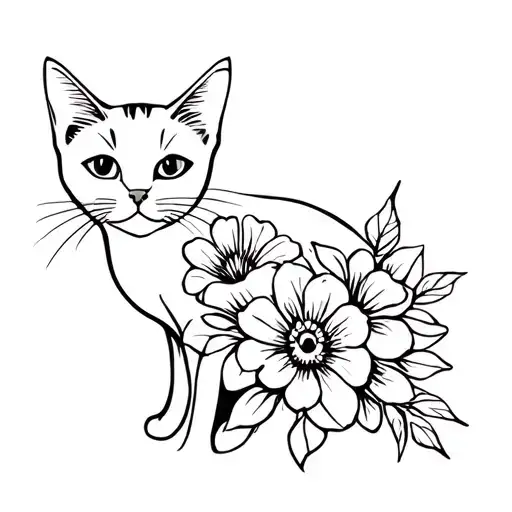 cat and flower bouquet tattoo design idea