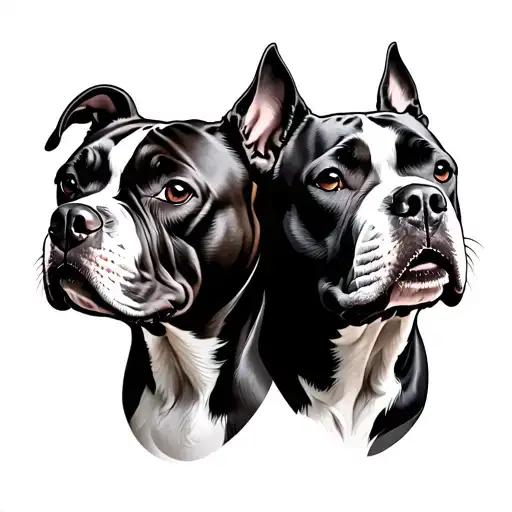 Black and white tattoo of two pitbull heads, Ivan on left facing left, Pablo on right facing right, ears intact. Cool, s tattoo design idea