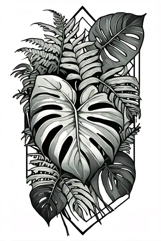 monstera leaves with a few ferns sticking out. a diamond shaped line outlining the design tattoo design idea