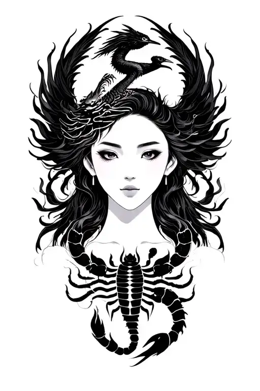 silouette of a woman’s face serene and powerful with pheonix and dragon. A scorpion on her breast revealing tattoo design idea