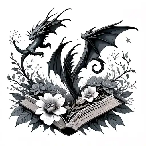 simple fine line book with flowers and magic and dragons flying tattoo design idea