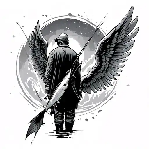 fisherman from behind with angel wings  tattoo design idea