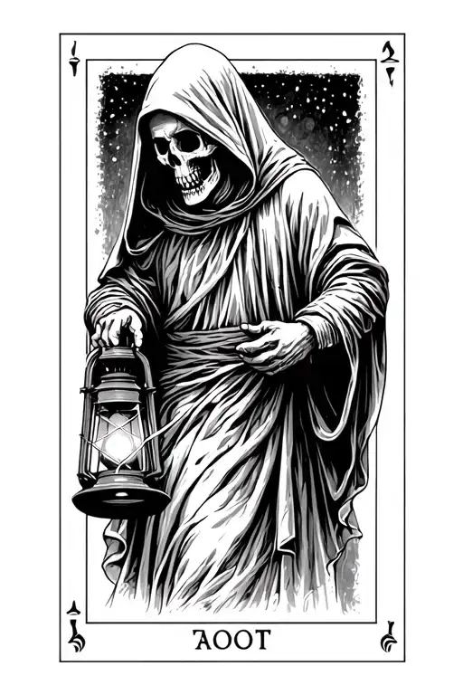 The hermit tarot walking sideways in darkness holding lantern emitting light. Skull face cloaked in hood tattoo design idea