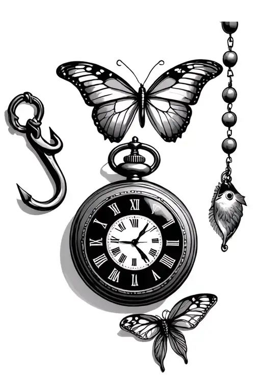 rosary, pocketwatch, fish hook, butterfly tattoo design idea