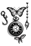 rosary, pocketwatch, fish hook, butterfly tattoo design idea