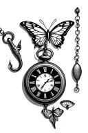 rosary, pocketwatch, fish hook, butterfly tattoo design idea