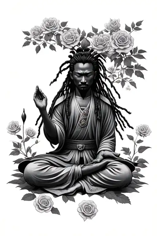 Black samurai with dreadlocks meditating in rose garden tattoo design idea