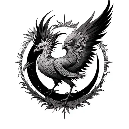 Make me a sketch of the Phoenix Tatu (in the style of anime, graphics, minimalism), which is surrounded by the phases of the moon tattoo design idea