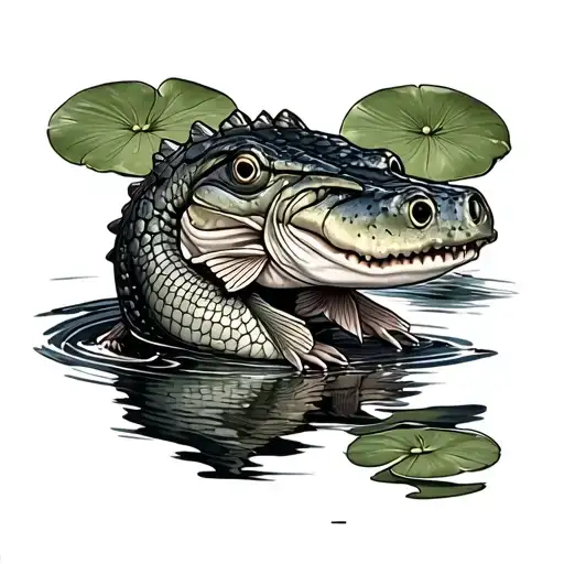 alligator, bass, lily pads tattoo design idea