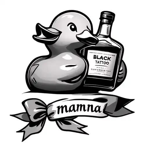 rubber duck holding a whiskey bottle with a ribbon attached that says mamma tattoo design idea