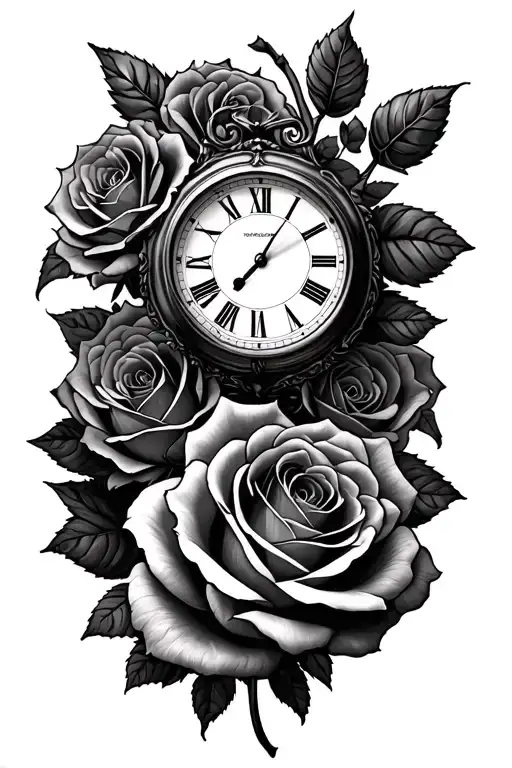 roses and a clock tattoo design idea