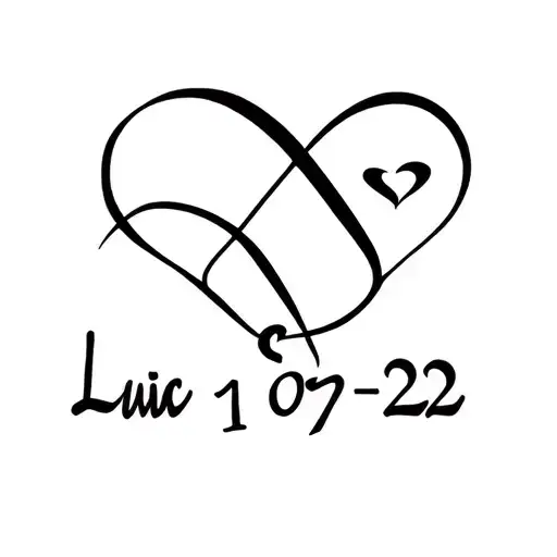Infinite symbol with name (Lucia) and date 1 • 07 • 22 and a heart in the middle tattoo design idea