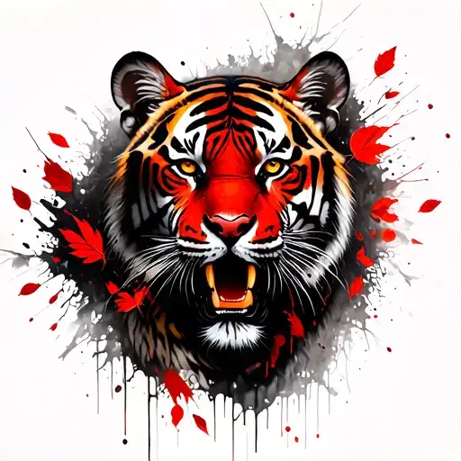 ferious Tiger, leaves falling tattoo design idea