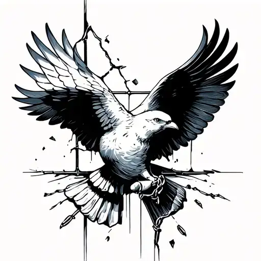 prison tattoo handscuffed but broken as freedom and a bird flying tattoo design idea