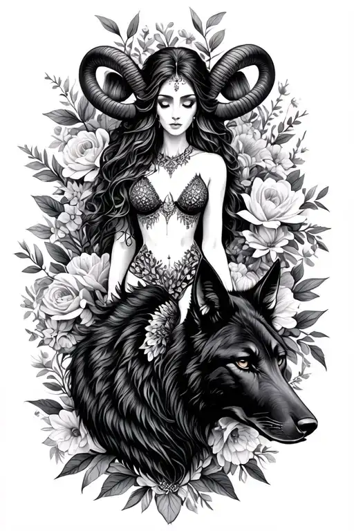 Aries sexy goddess surrounded by flowers and black wolfs  tattoo design idea