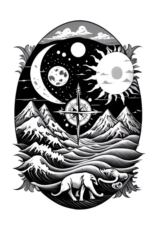 moon and sun waves mountain elephant with sobriety compass intertwined tattoo design idea