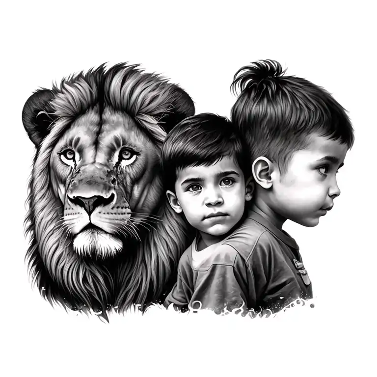 2 children and lion behind tattoo design idea
