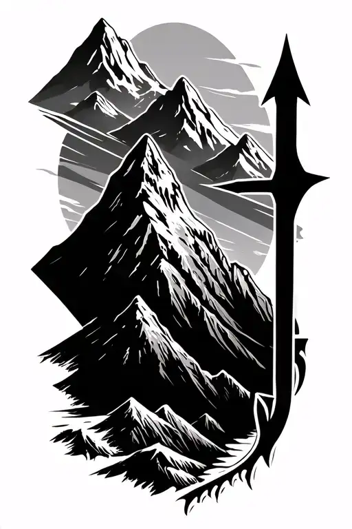shooting arrow with mountain range silhouette tattoo design idea