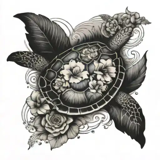 swimming sea turtle with world map on the shell surrounded by tropical flowers tattoo design idea