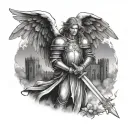 scary looking Night medieval angel holding sword vs evil with a medieval castle on the background tattoo design idea