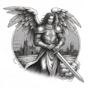 scary looking Night medieval angel holding sword vs evil with a medieval castle on the background tattoo design idea