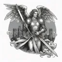 scary looking Night medieval angel holding sword vs evil with a medieval castle on the background tattoo design idea